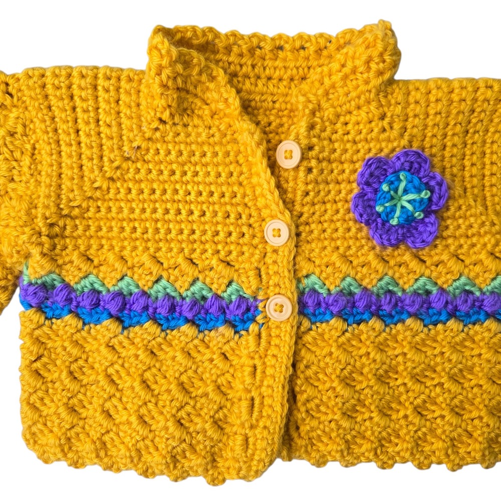 Handmade Crochet Baby Cardigan Mustard‎ Yellow Flower Button Front Sweater 6-12M